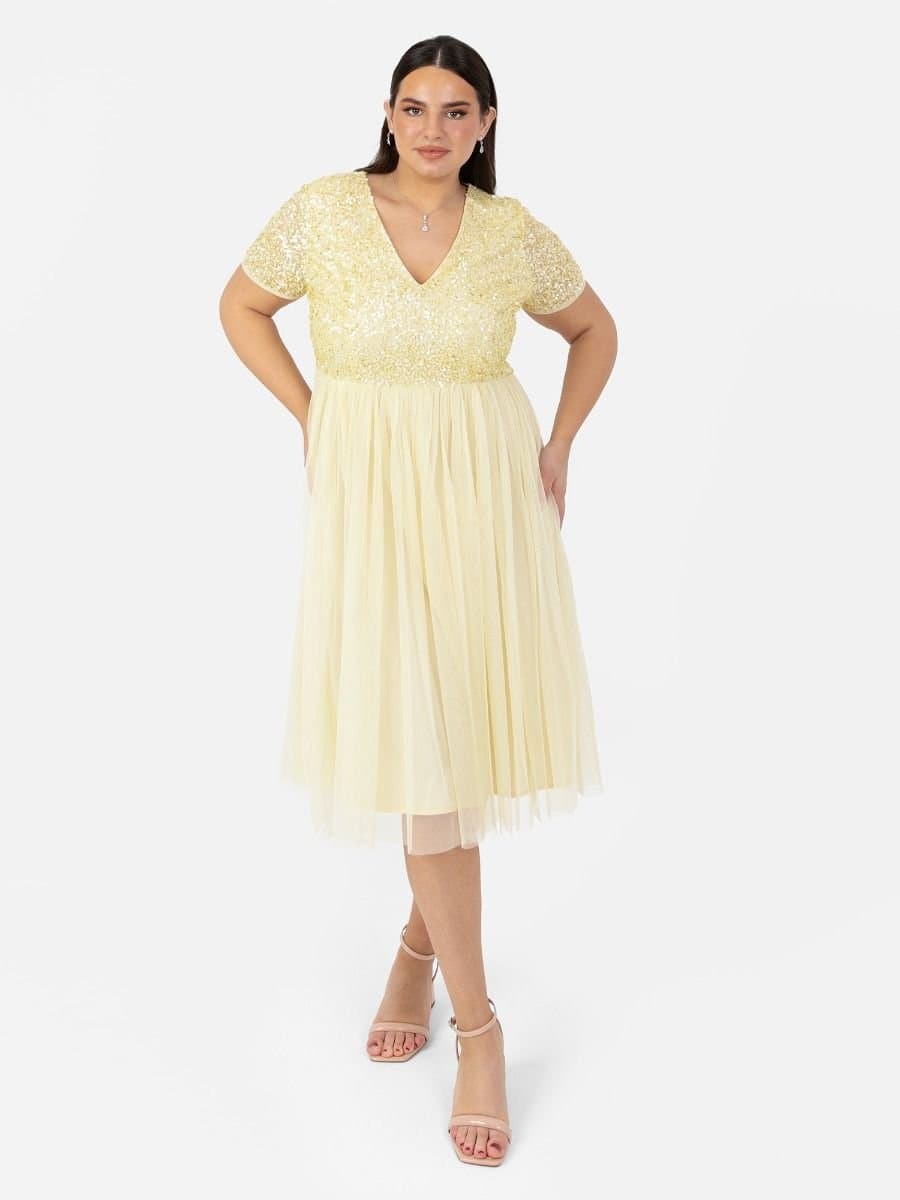 Maya Deluxe Maya Deluxe Women's Short Sleeve V Neck Embellished Midi Dress in Yellow