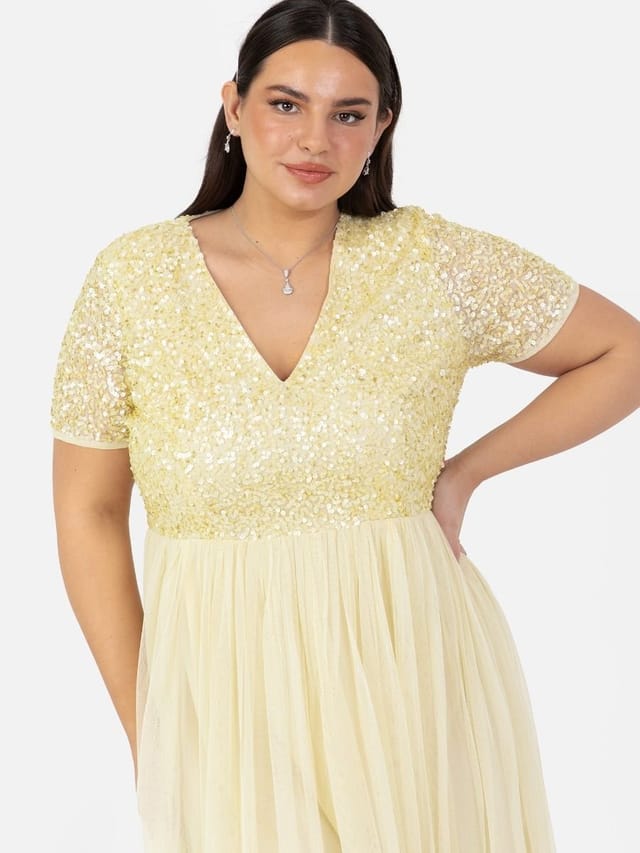 Maya Deluxe Maya Deluxe Women's Short Sleeve V Neck Embellished Midi Dress in Yellow - 2