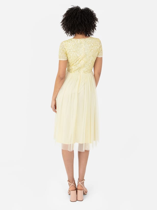 Maya Deluxe Maya Deluxe Women's Short Sleeve V Neck Embellished Midi Dress in Yellow - 3