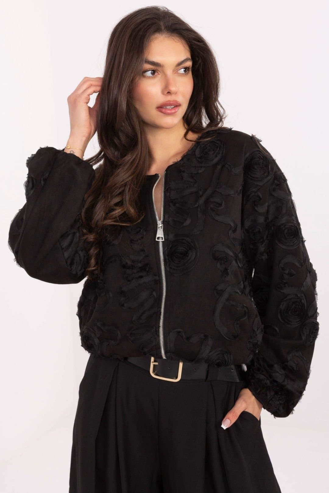 Love Lace Love Lace Women's Elegant Polyester Bomber Jacket with Applique Flower in Black