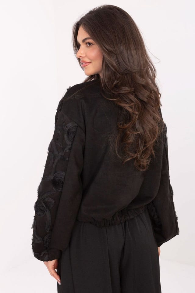Love Lace Love Lace Women's Elegant Polyester Bomber Jacket with Applique Flower in Black - 3