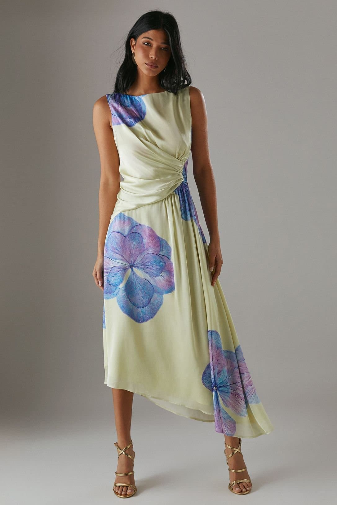 Warehouse Warehouse Women's Printed Satin Sleeveless Knot Front Asymmetric Hem Midi Dress in Floral