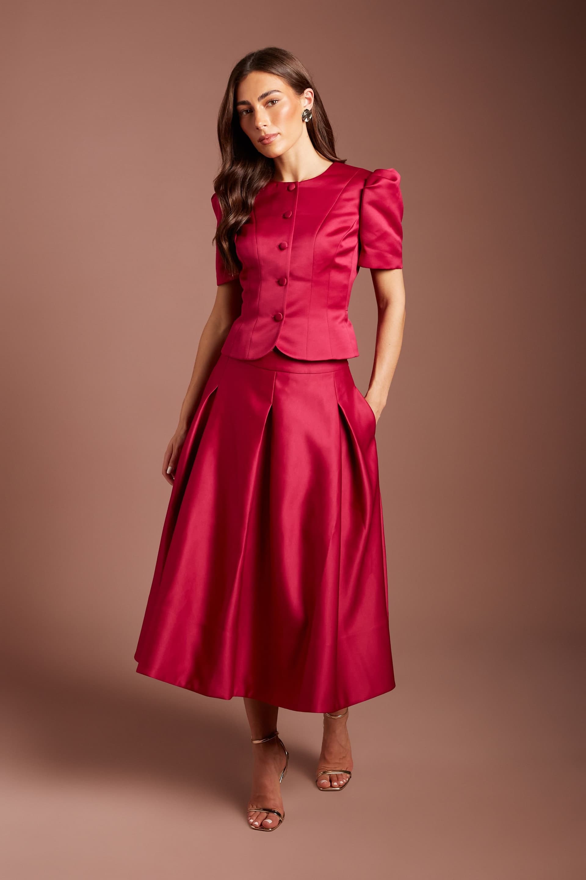 Coast Coast Women's Satin Pleat Front Midi Full Skirt in Berry