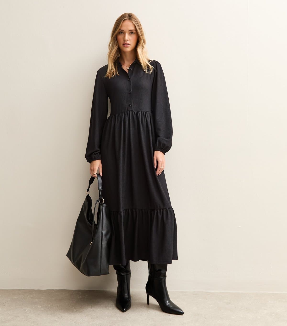 New Look Women's Black Crinkled Jersey Midi Shirt Dress New Look