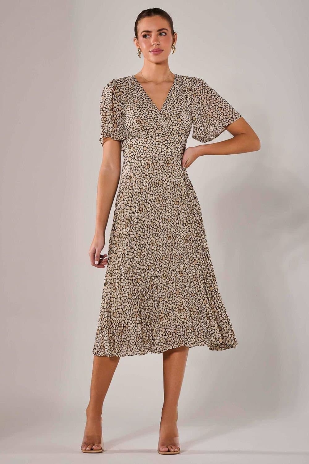 Jolie Moi Jolie Moi Women's Chiffon Pleated Wrap Midaxi Dress in Cream