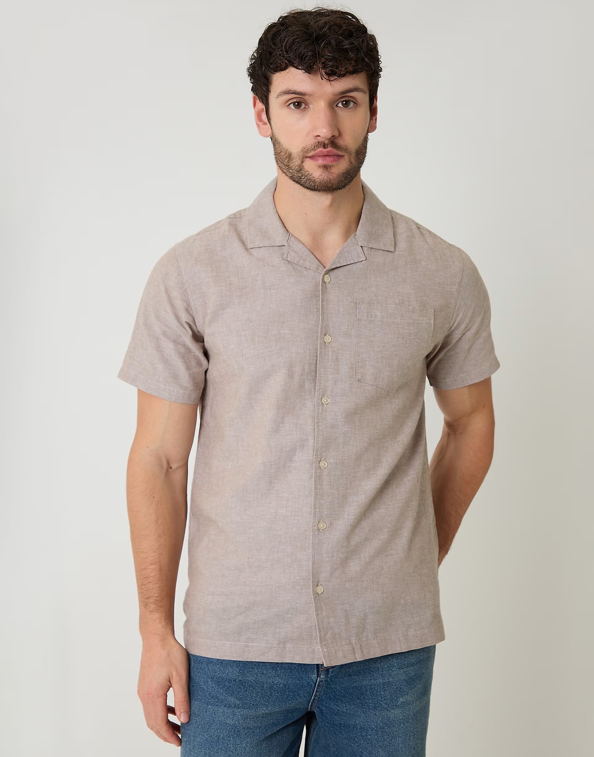 ASOS Threadbare Linen cotton blend short sleeve shirt in taupe