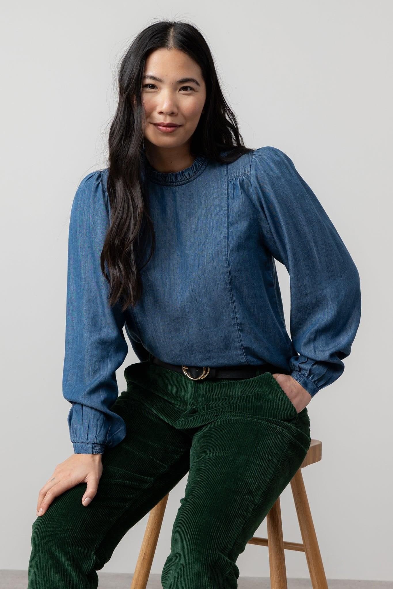 Lily & Me Lily & Me Blue Tencel Denim Blouse with Scalloped Collar