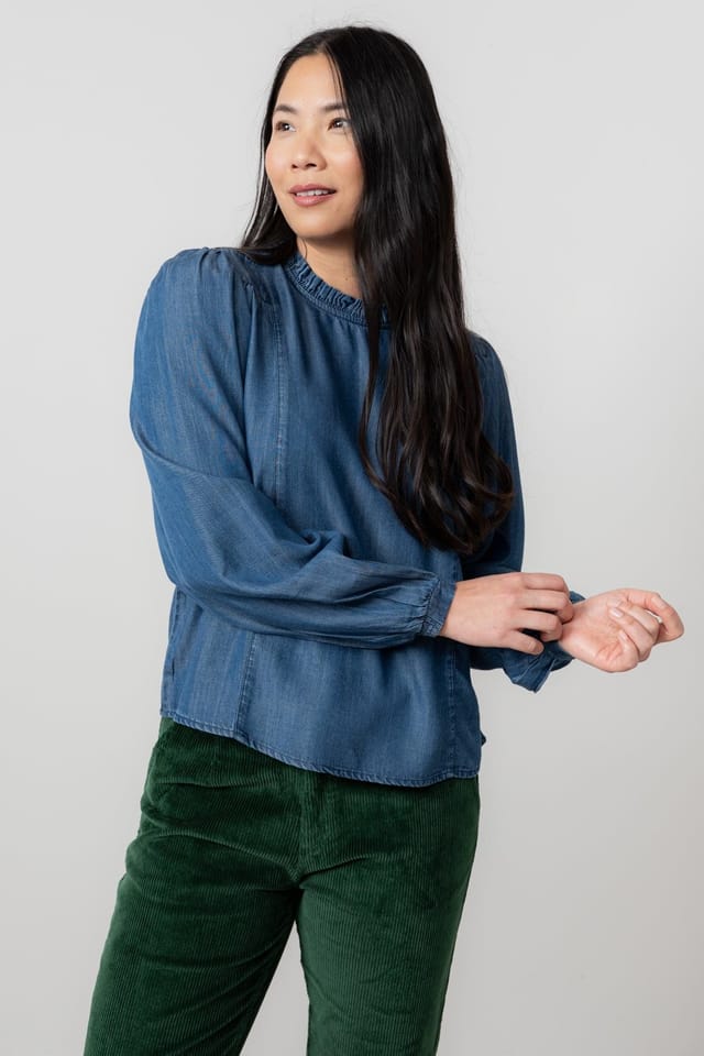 Lily & Me Lily & Me Women's Rosewood Pretty Cotton Long Sleeve Blouse with Scalloped Collar in Blue - 2