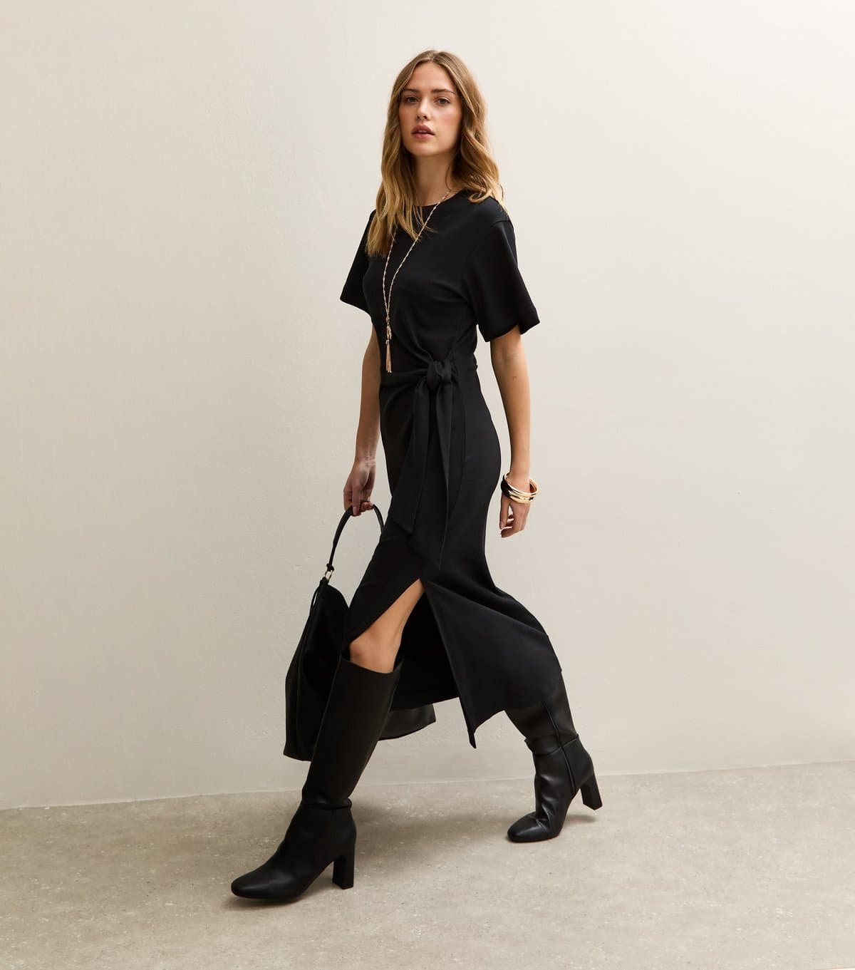 New Look Women's Black Jersey Tie Waist Midi Dress New Look