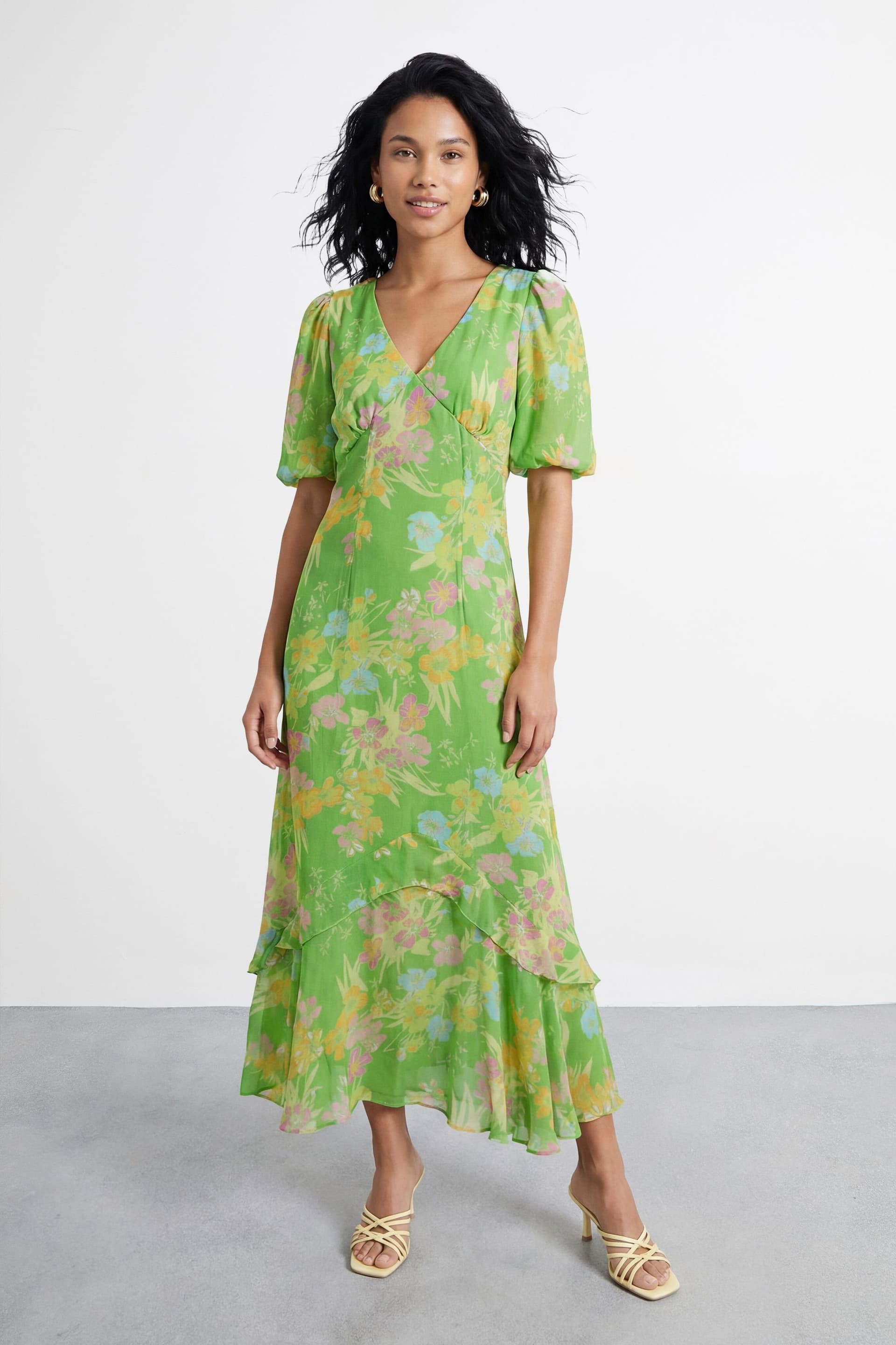 Warehouse Warehouse Women's Floral Printed Viscose Floral Midi Dress in Green