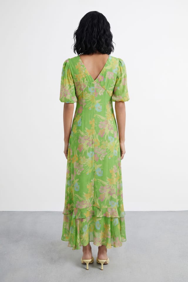 Warehouse Warehouse Women's Floral Printed Viscose Floral Midi Dress in Green - 3