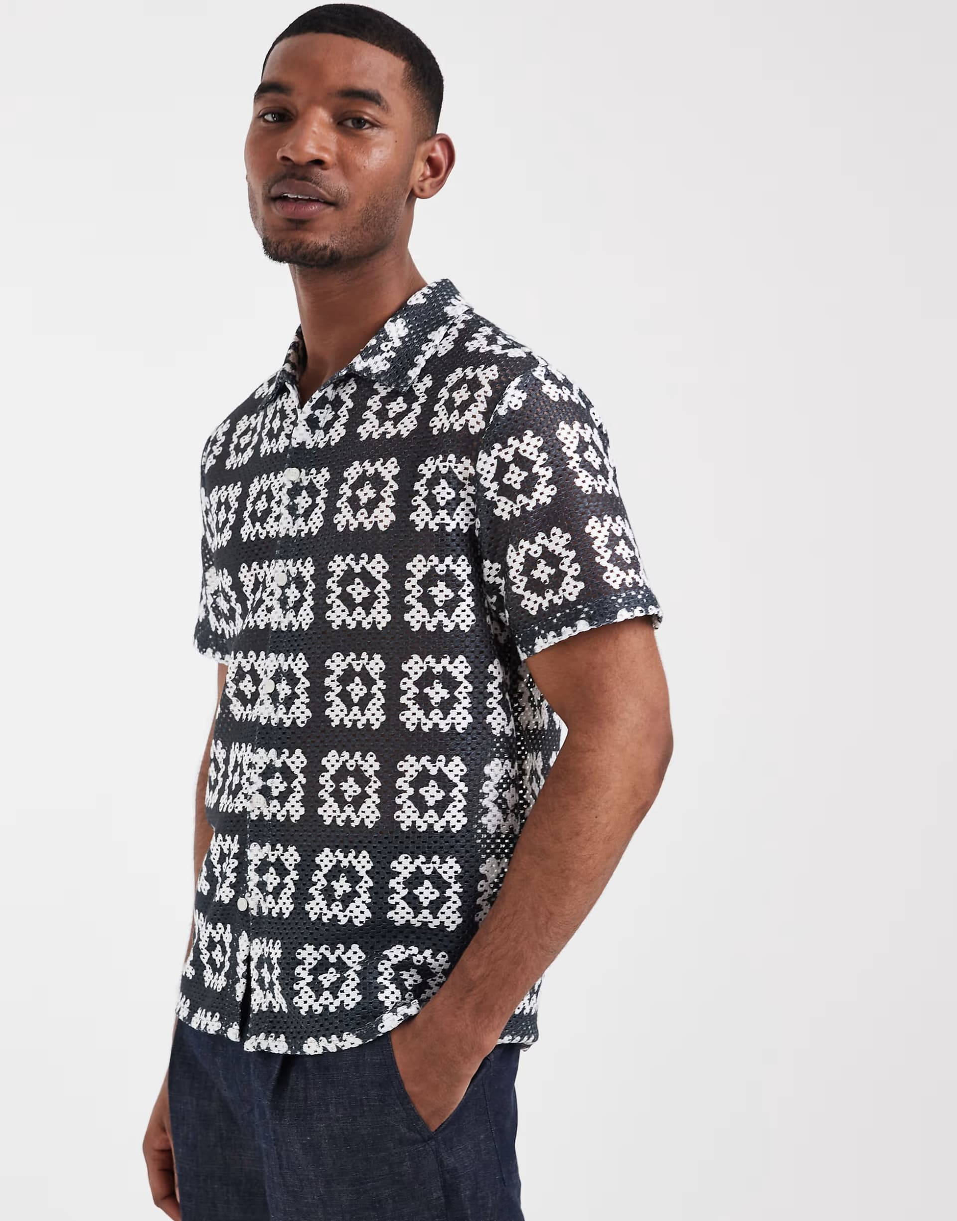 ASOS Aray crochet tiled beach shirt in black