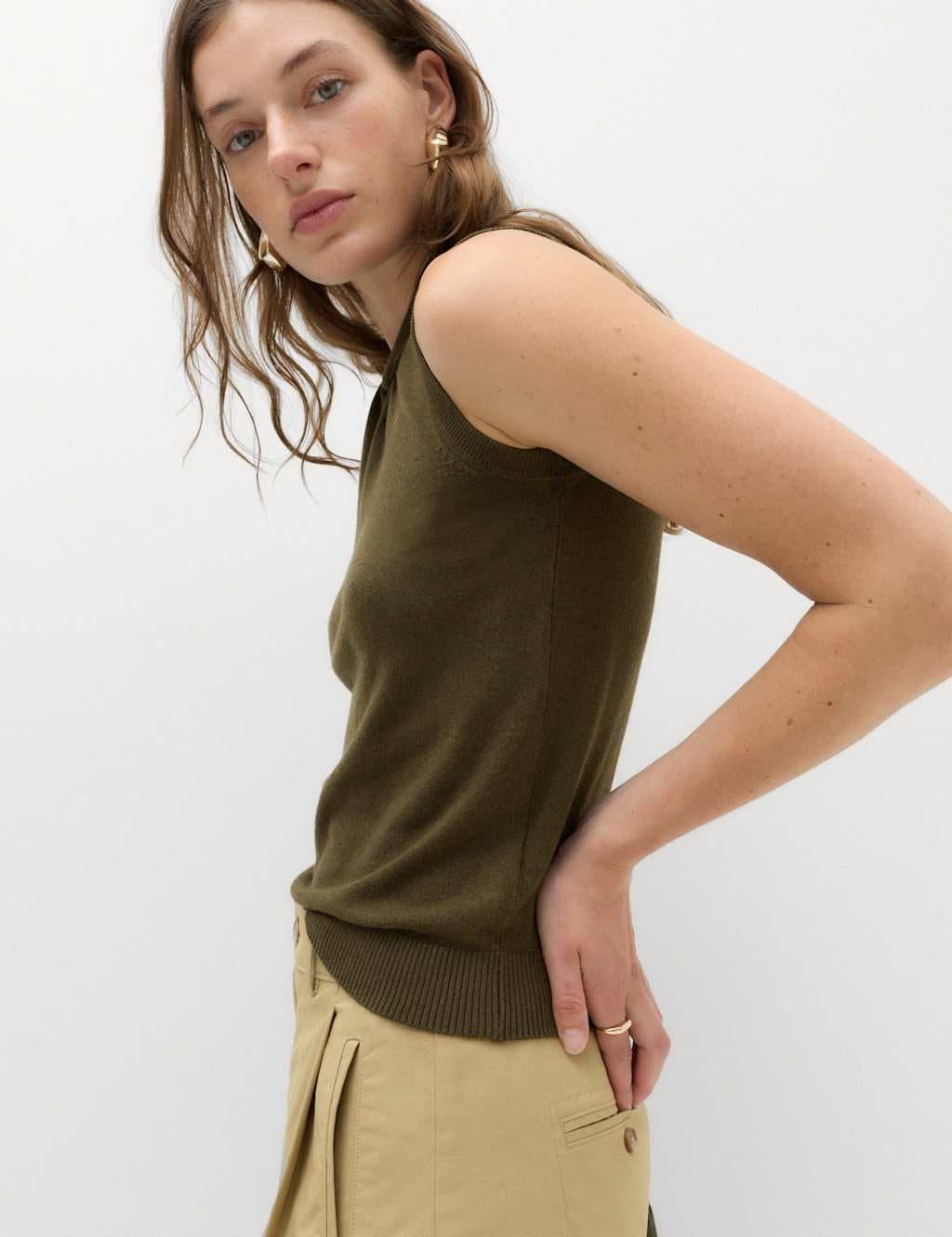 Marks & Spencer M&S Twist Front Slim Knitted Vest Dark Olive