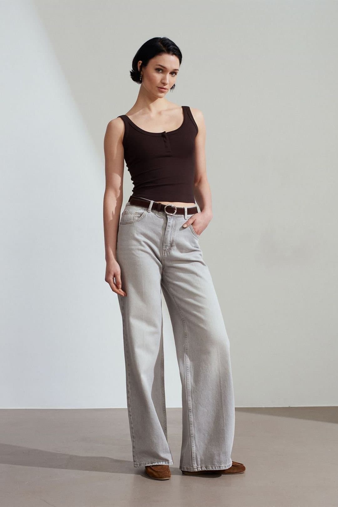 Dilvin Dilvin Women's High Waist Wide Leg Cotton Denim Jeans in Light Grey