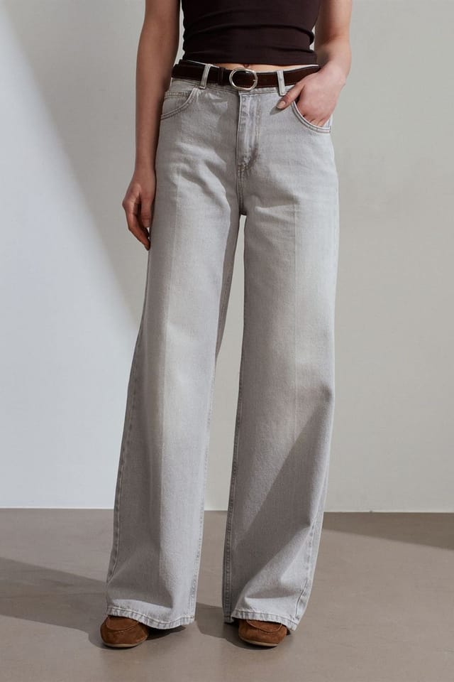 Dilvin Dilvin Women's High Waist Wide Leg Cotton Denim Jeans in Light Grey - 3