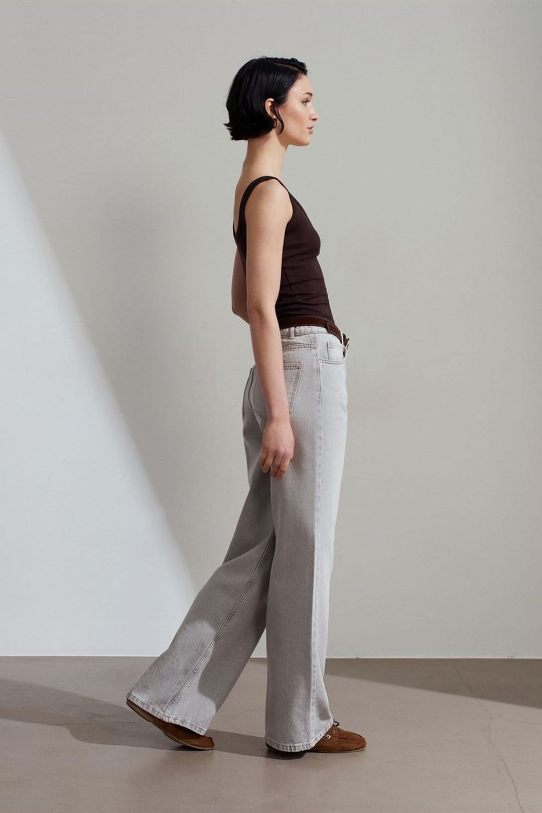 Dilvin Dilvin Women's High Waist Wide Leg Cotton Denim Jeans in Light Grey - 4