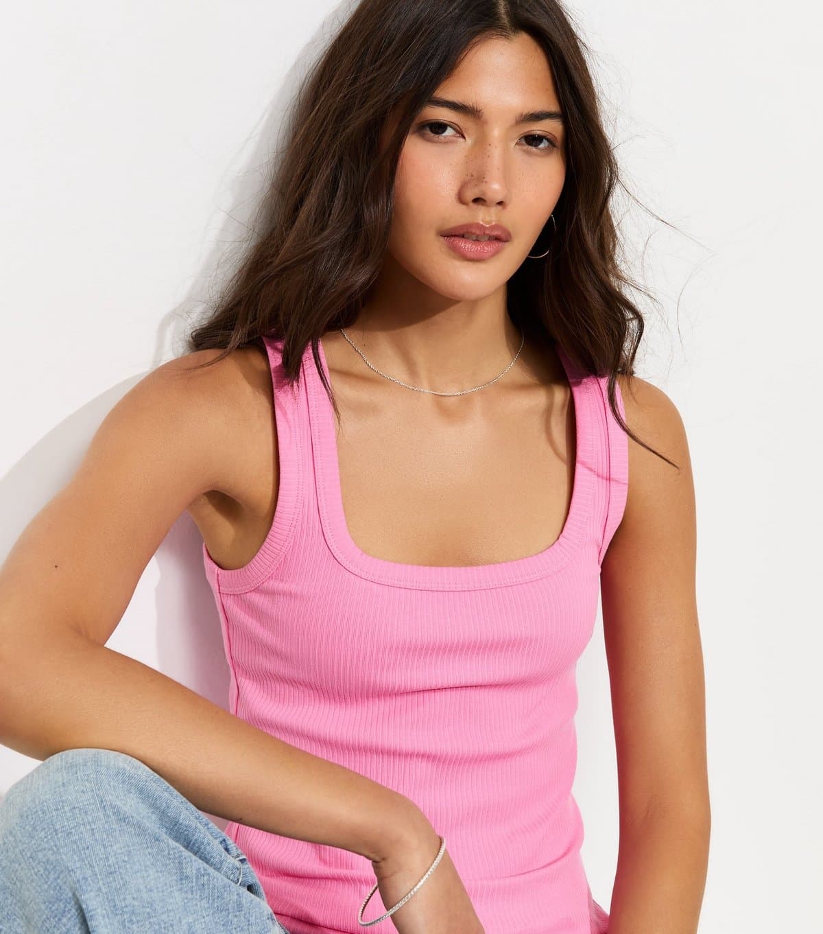 New Look Women's Bright Pink Ribbed Cotton Rich Square Neck Vest New Look