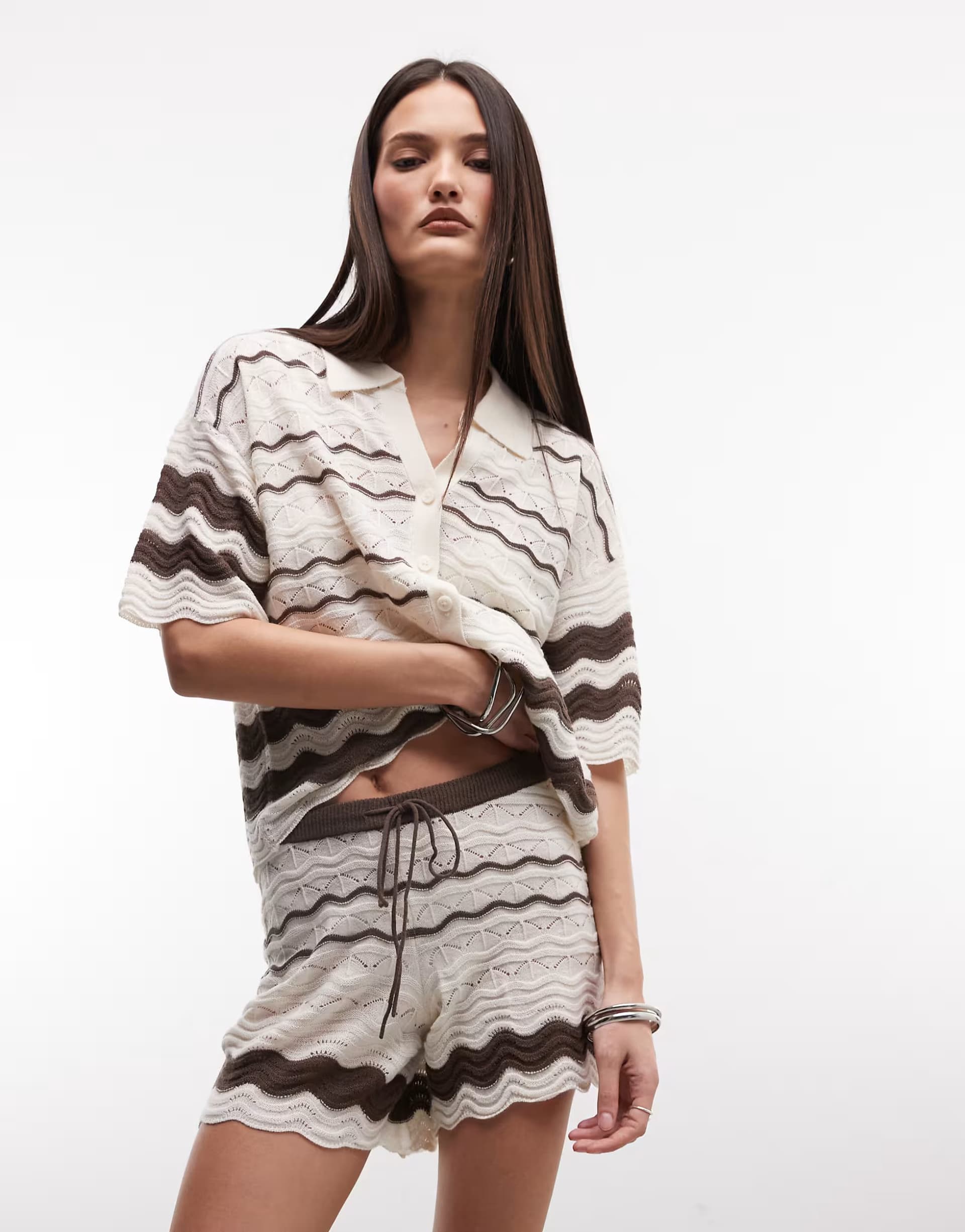 ASOS Noisy May crochet short co-ord in beige & brown
