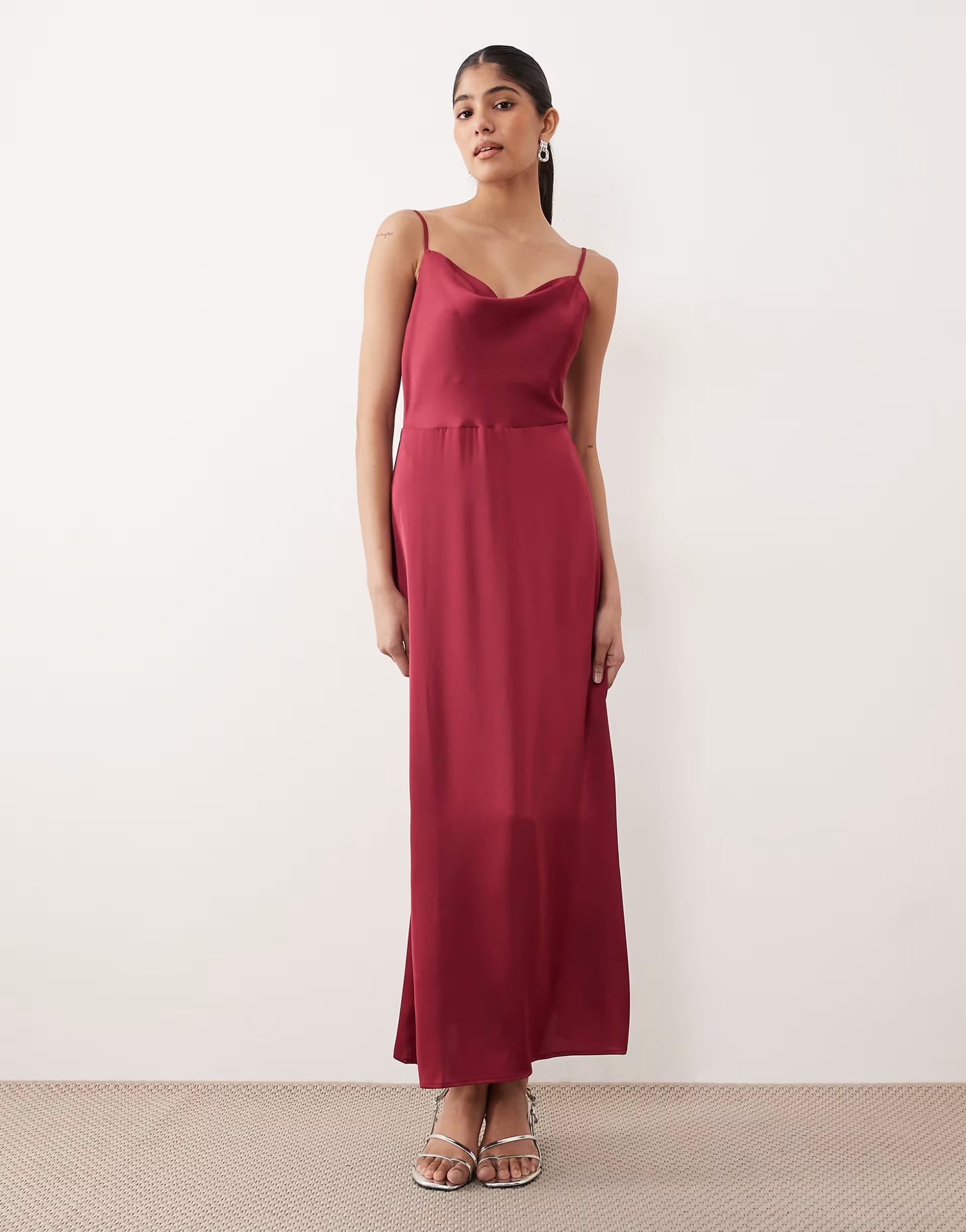 Vila Burgundy Satin Cowl Neck Cami Maxi Dress