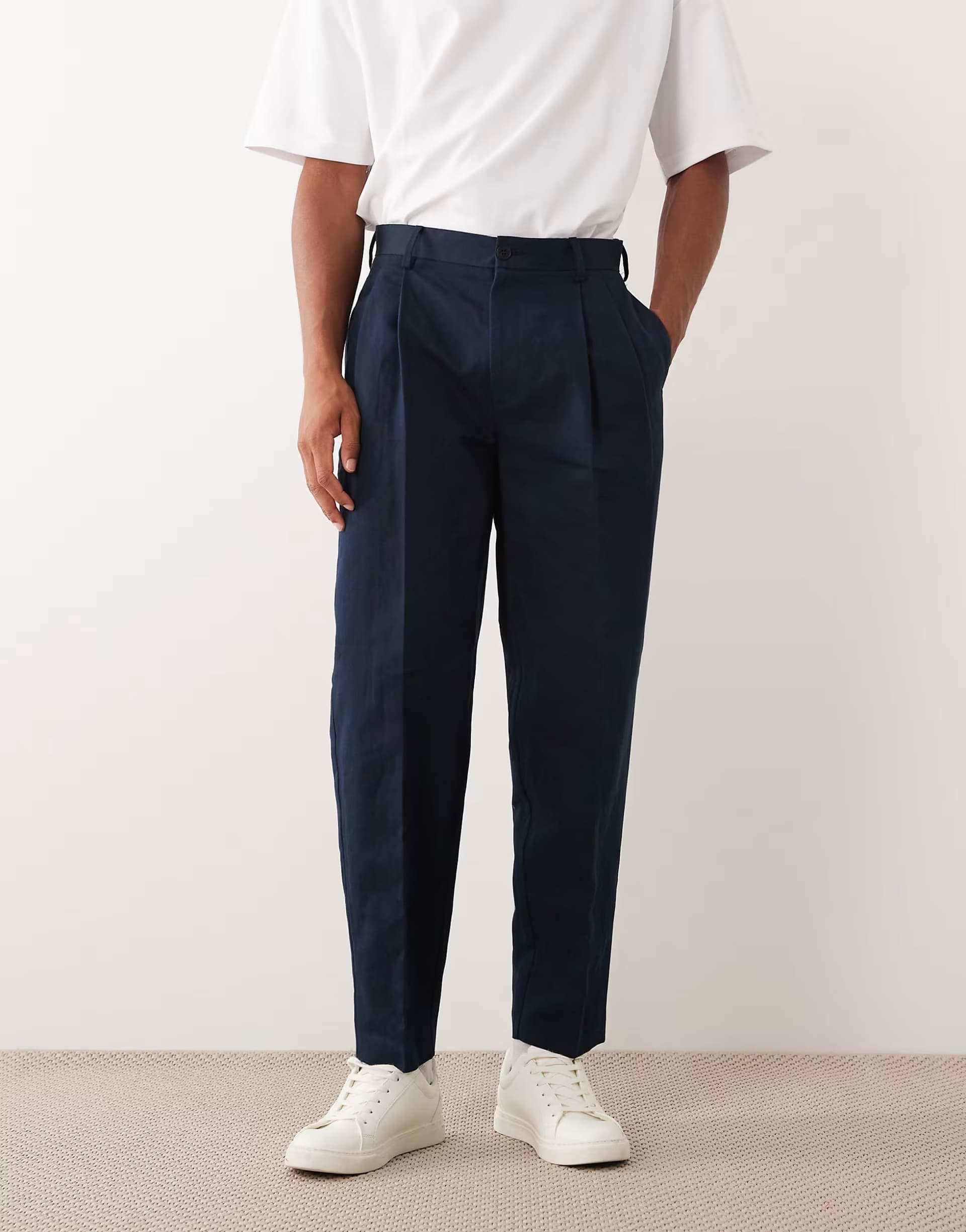ASOS ASOS DESIGN linen rich smart oversized tapered pleated trousers in navy