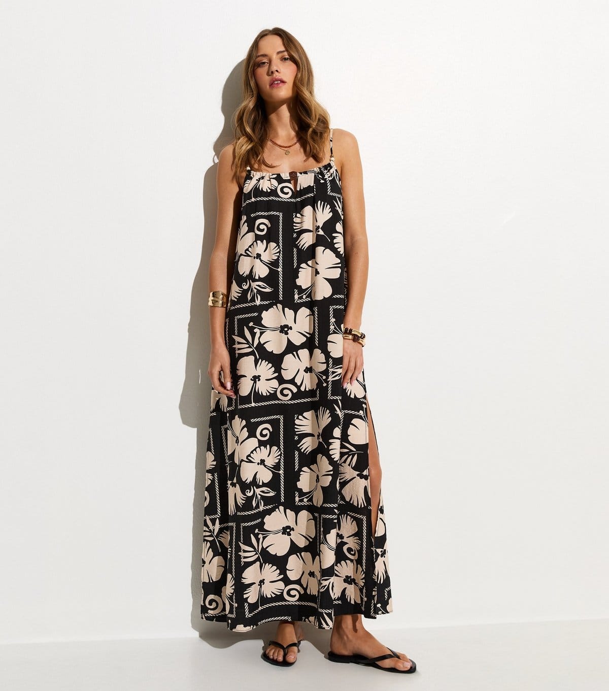 Women's Black Floral Print Beaded Maxi Beach Dress New Look