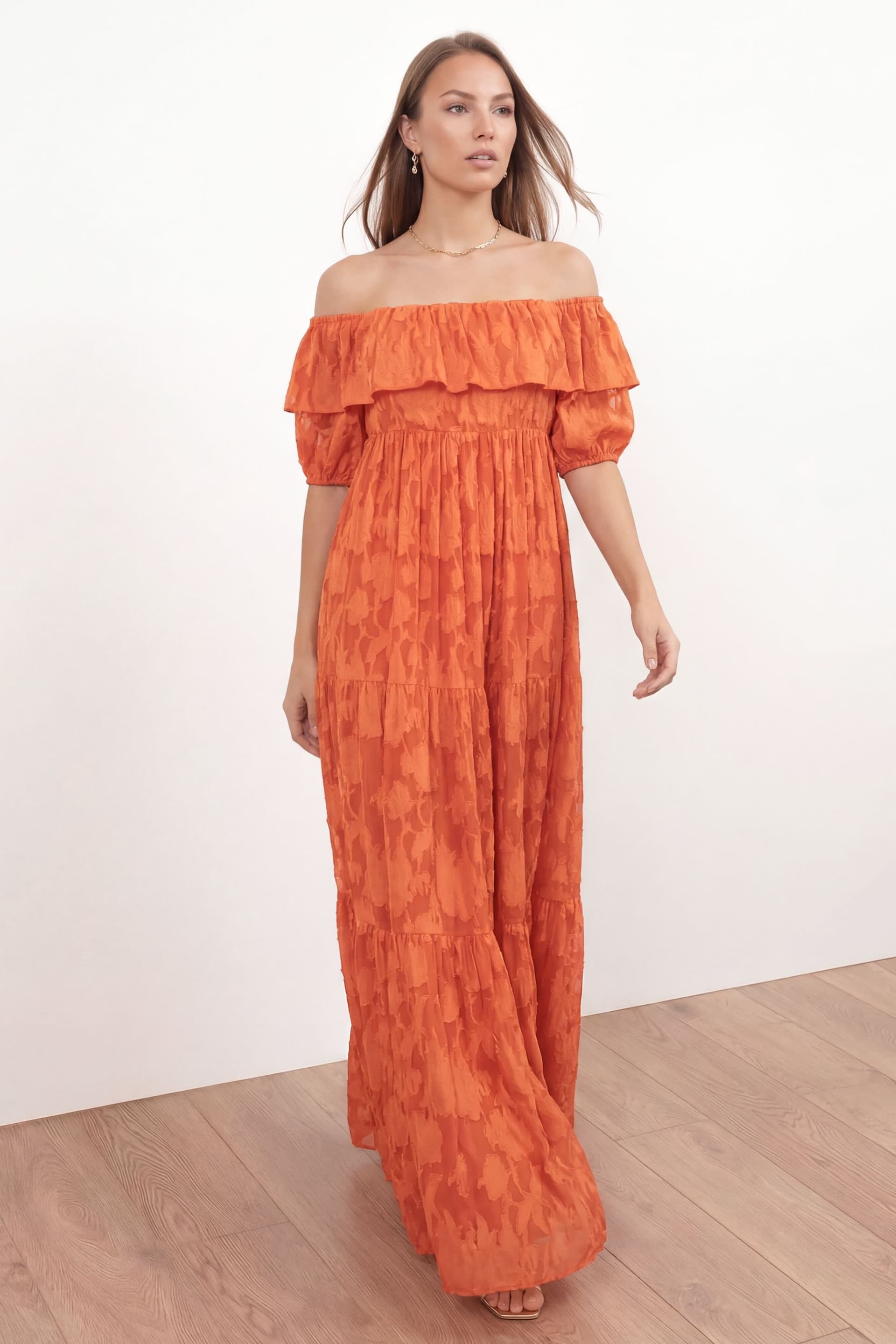 Anaya with Love Anaya with Love Women's Floral Burnout Bardot Tiered Maxi Dress in Orange