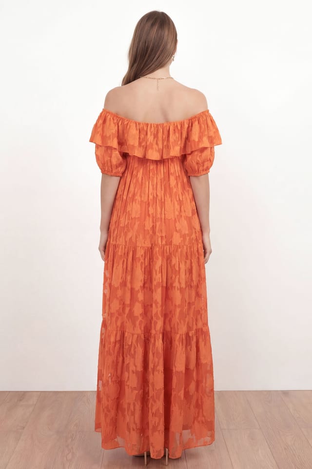 Anaya with Love Anaya with Love Women's Floral Burnout Bardot Tiered Maxi Dress in Orange - 2