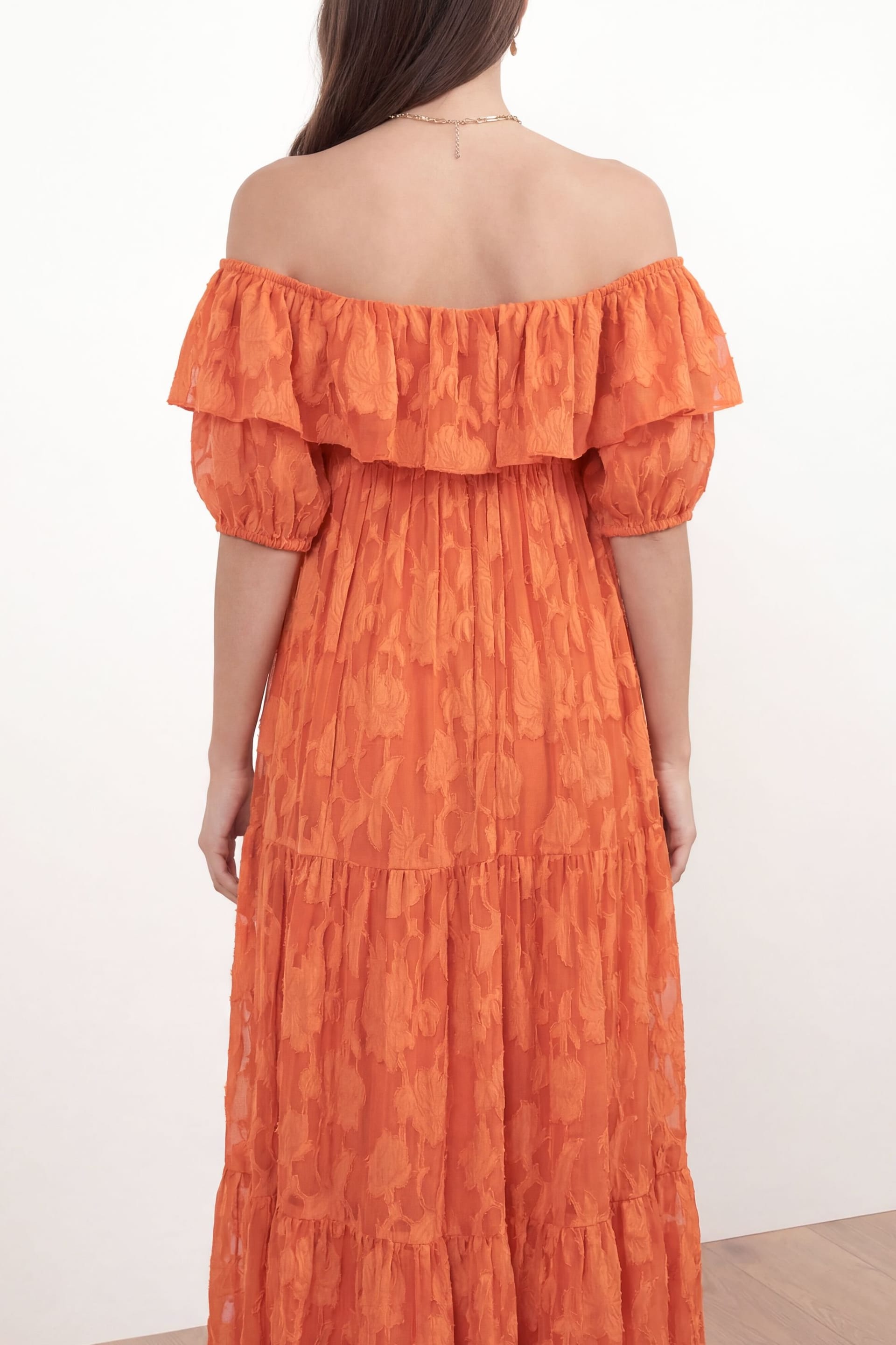 Anaya with Love Anaya with Love Women's Floral Burnout Bardot Tiered Maxi Dress in Orange - 4