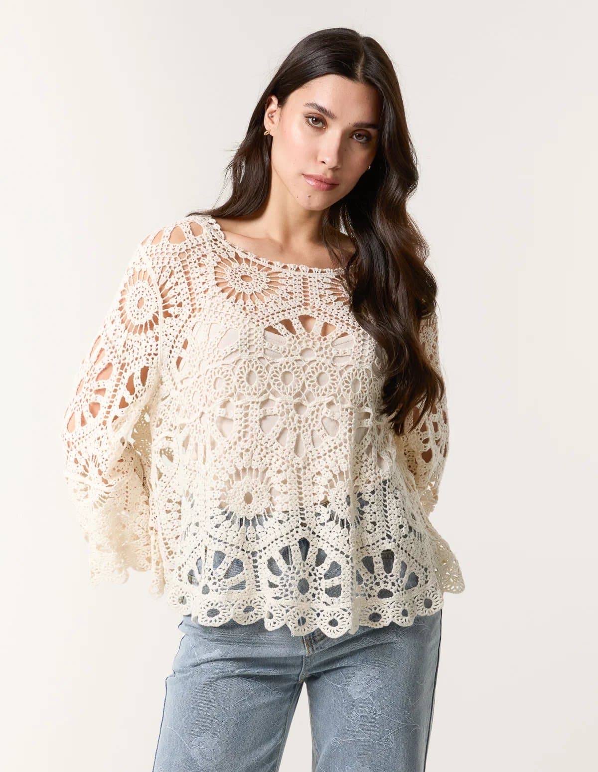Blue Vanilla Crochet Top With Flared Sleeves