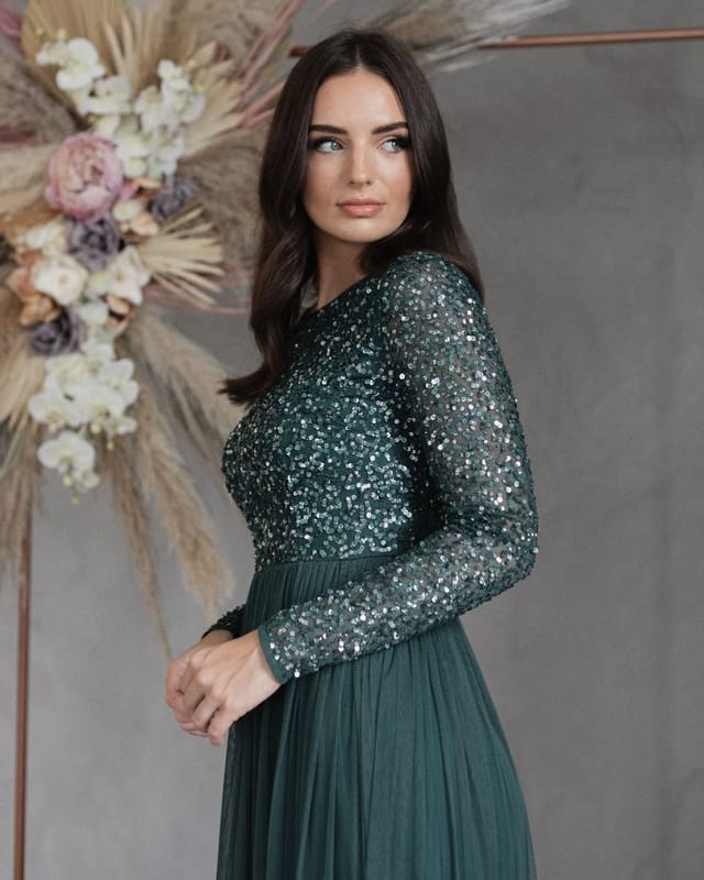 Maya Deluxe Maya Deluxe Women's Embellished Long Sleeve Maxi Dress in Emerald - 3