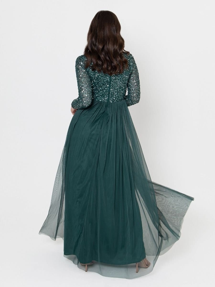 Maya Deluxe Maya Deluxe Women's Embellished Long Sleeve Maxi Dress in Emerald - 4