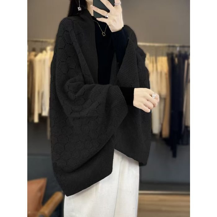 PEACH ACCESSORIES PEACH ACCESSORIES Women's Delicate Open Knit Cape with Button Detail in Black - 1