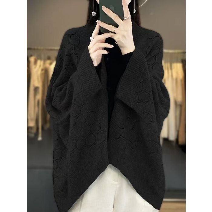 PEACH ACCESSORIES PEACH ACCESSORIES Women's Delicate Open Knit Cape with Button Detail in Black - 2