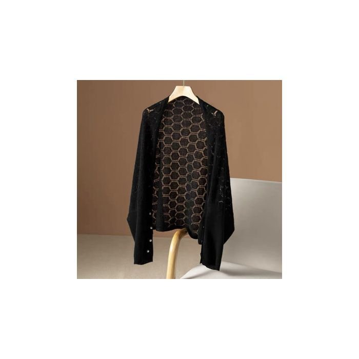 PEACH ACCESSORIES PEACH ACCESSORIES Women's Delicate Open Knit Cape with Button Detail in Black - 3