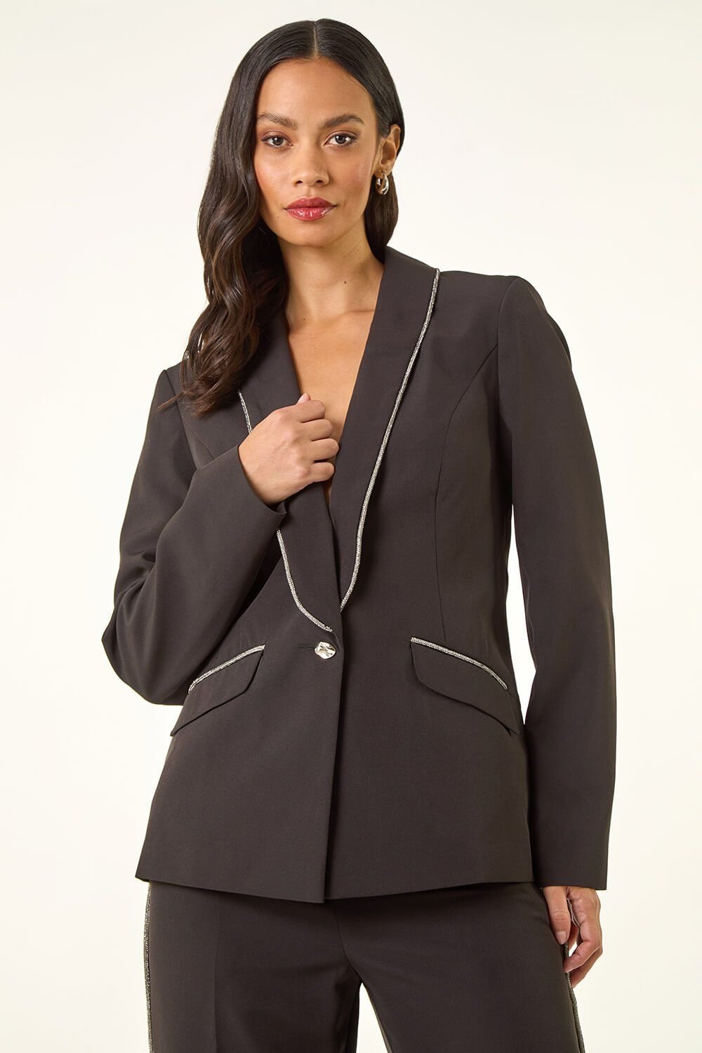 Dusk Dusk Women's Diamante Single Breasted Blazer in Black - 3