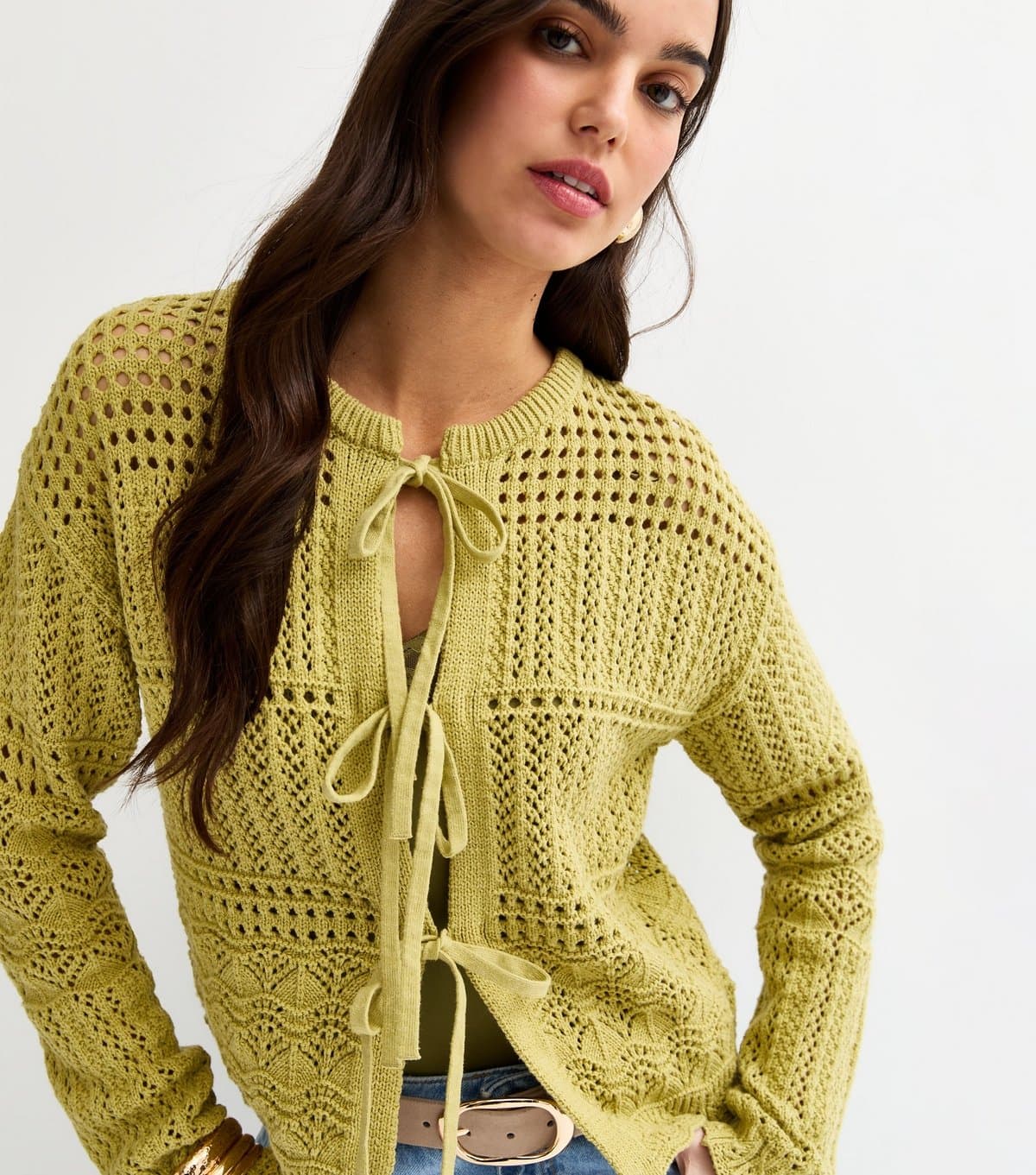 New Look Women's Green Cotton Rich Patterned Knit Tie Front Cardigan New Look