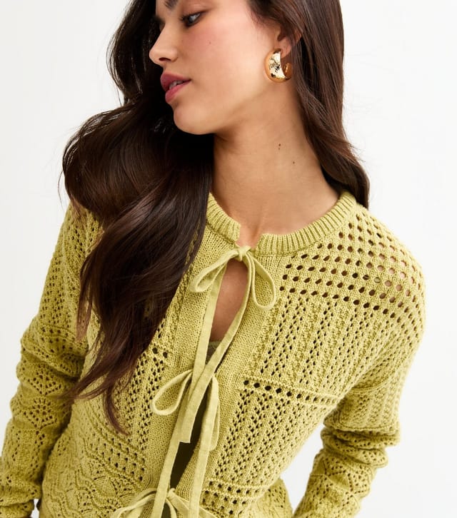 New Look Women's Green Cotton Rich Patterned Knit Tie Front Cardigan New Look - 2