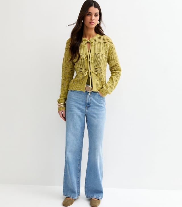 New Look Women's Green Cotton Rich Patterned Knit Tie Front Cardigan New Look - 3