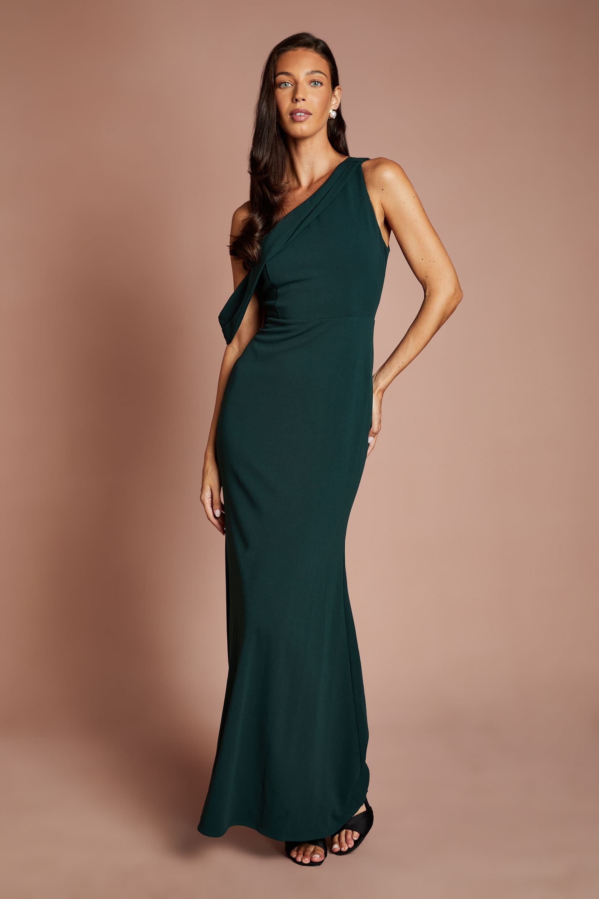 Coast Coast Women's Asymmetric Neckline Scuba Crepe Black Tie Dress in Emerald