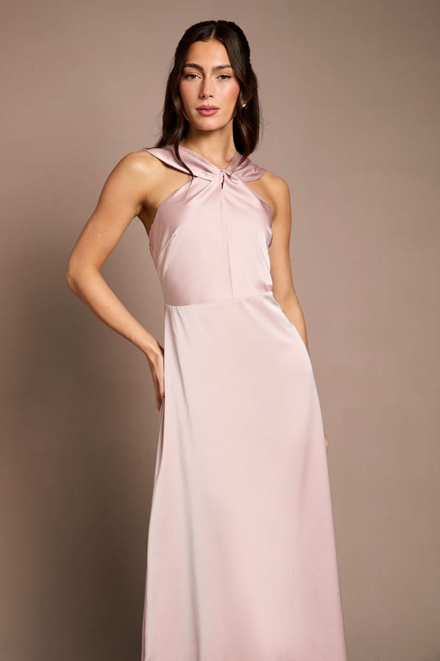Coast Coast Women's Twisted Halterneck Satin Maxi Bridesmaid Dress in Blush - 2