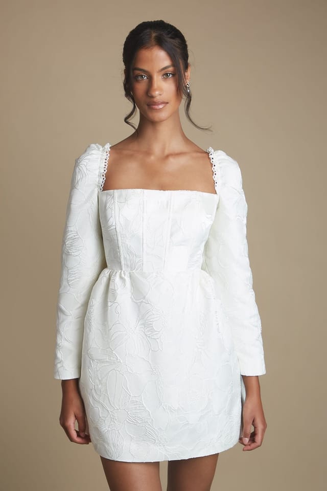 Coast Coast Women's Petite Long Sleeve Square Neck Jacquard Mini Wedding Dress with Bow Detail in White - 2