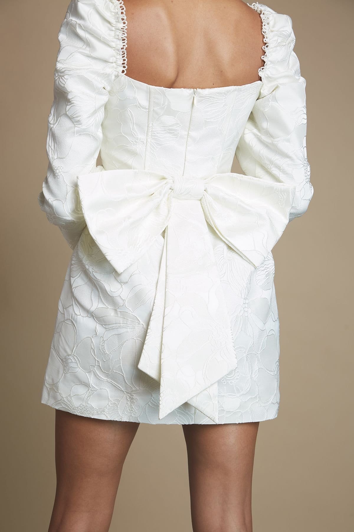 Coast Coast Women's Petite Long Sleeve Square Neck Jacquard Mini Wedding Dress with Bow Detail in White - 4