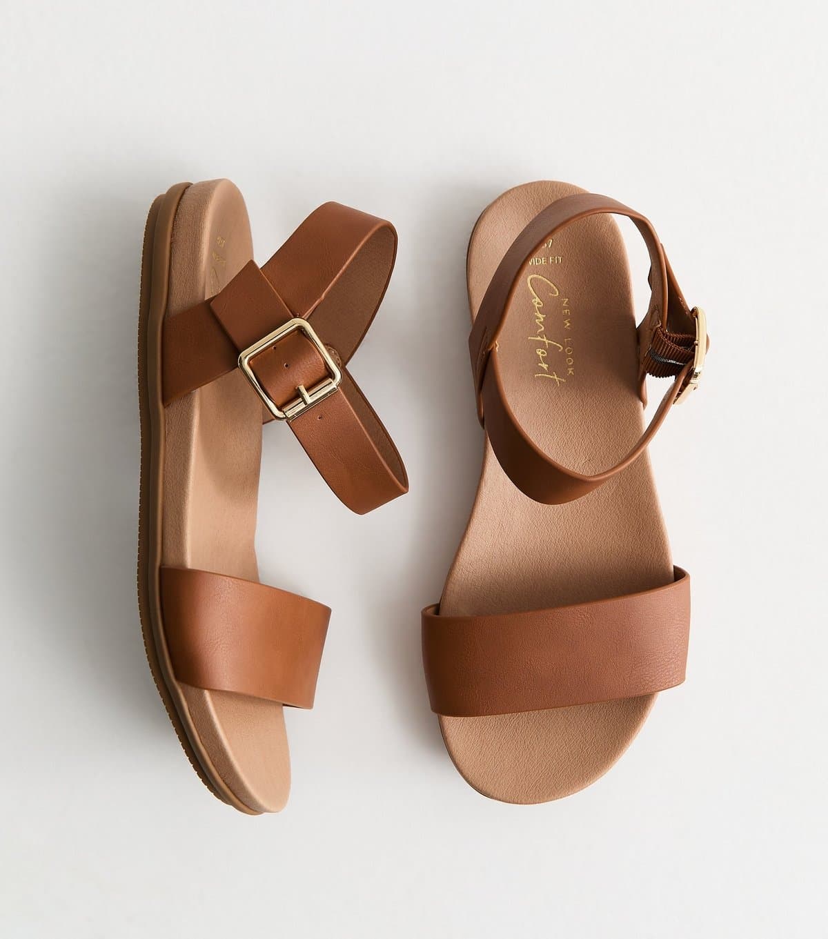 New Look Women's Wide Fit Tan Faux Leather Flat Sandals Vegan New Look