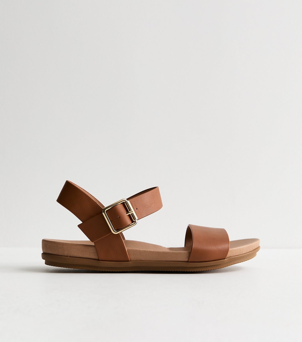 New Look Women's Wide Fit Tan Faux Leather Flat Sandals Vegan New Look - 3