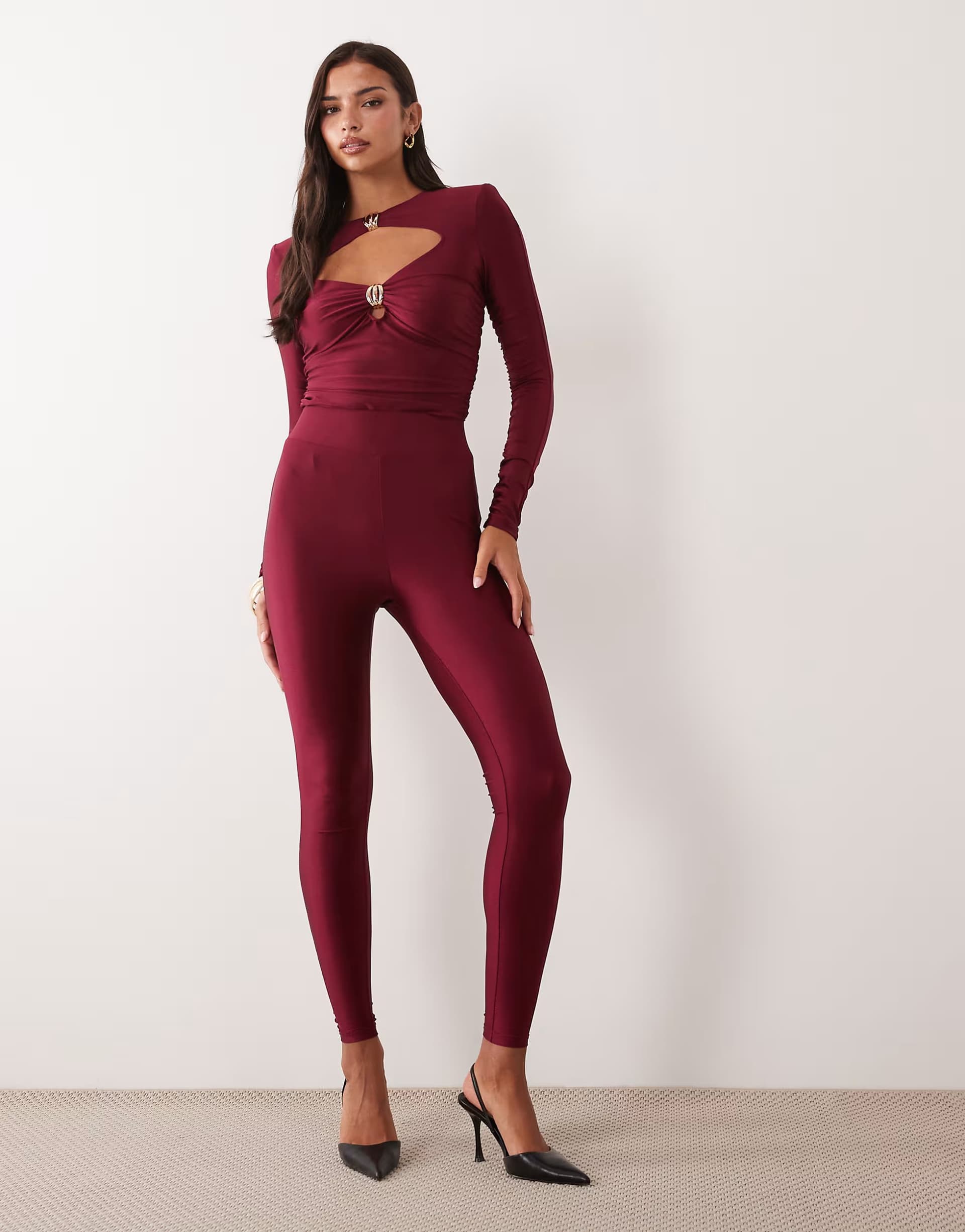 ASOS Ruched & Ready sculpted high shine high waisted leggings co-ord in burgundy