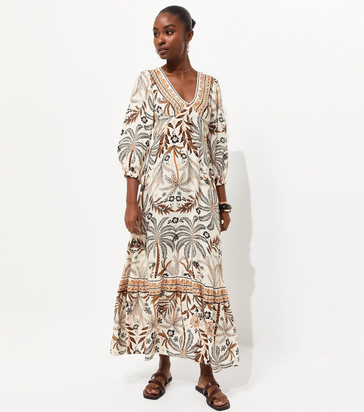 New Look Cream Lotus and Palm Tree Print Midi Dress