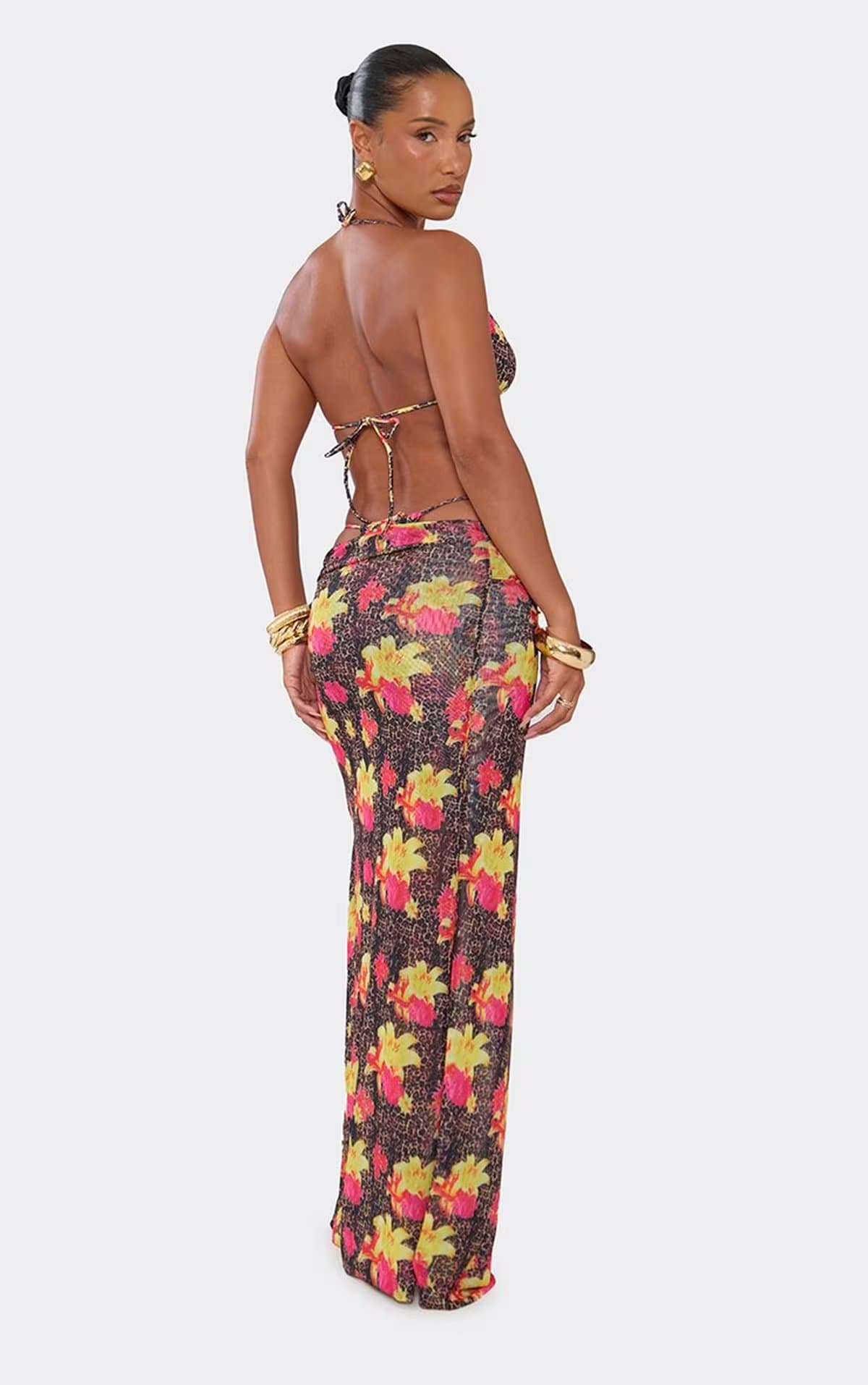 EGO Knotted Detail Split Leg Maxi Skirt In Multi Floral Animal Print, Women's Size UK 6