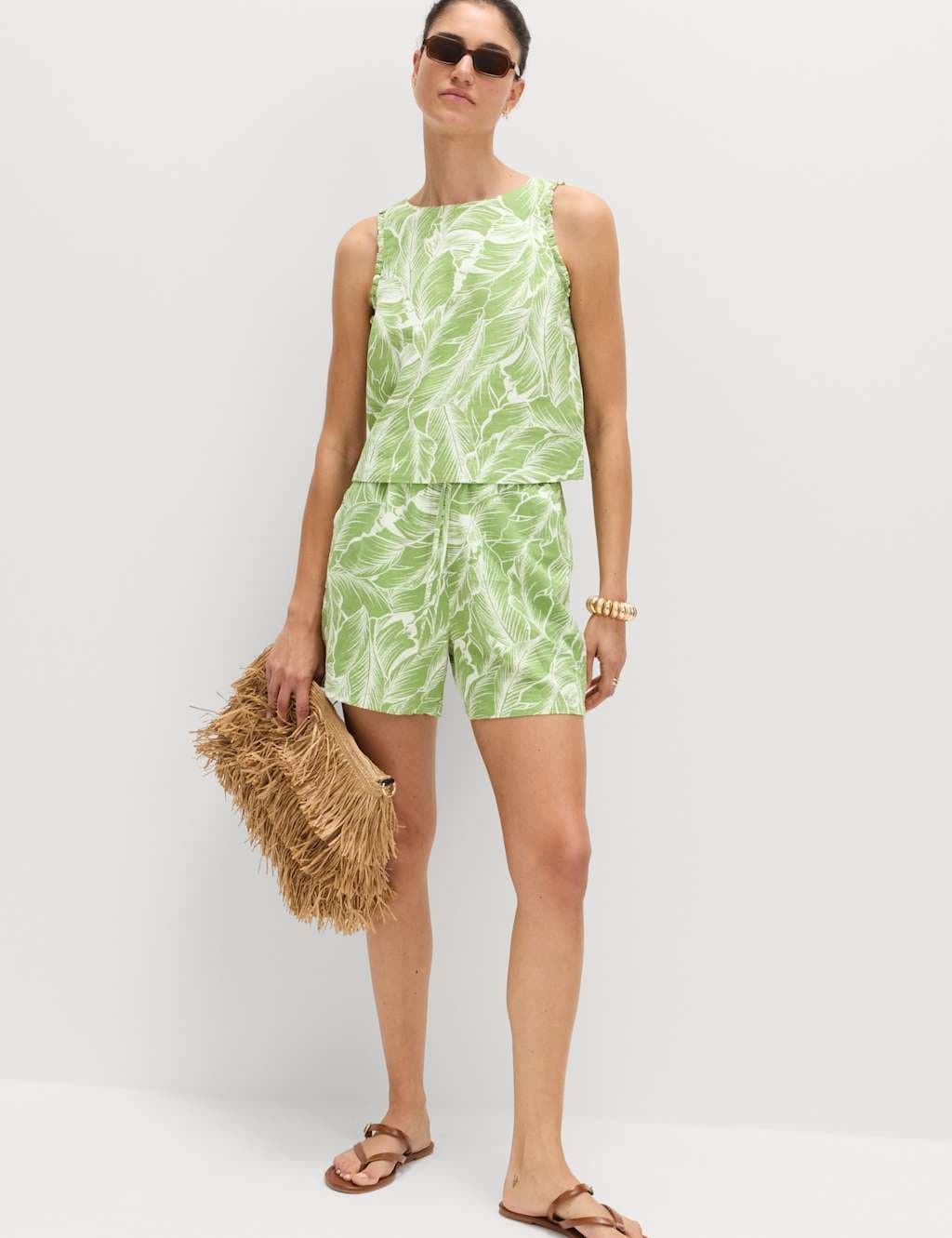 Marks & Spencer M&S Linen Rich Palm Print Shorts Green Mix
