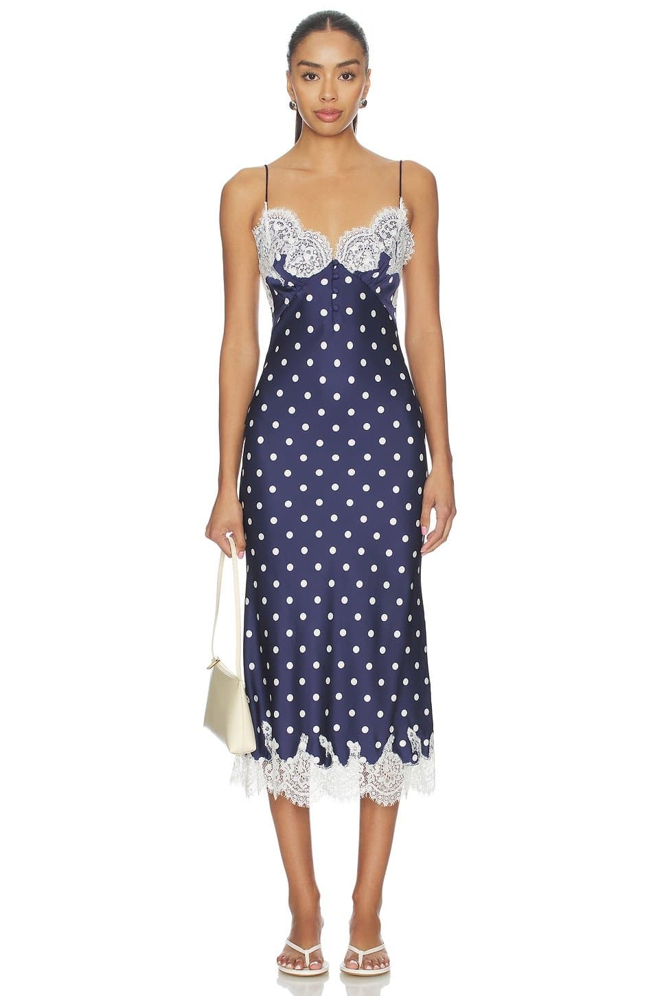 revolve Navy Polka Dot Satin Midi Dress
