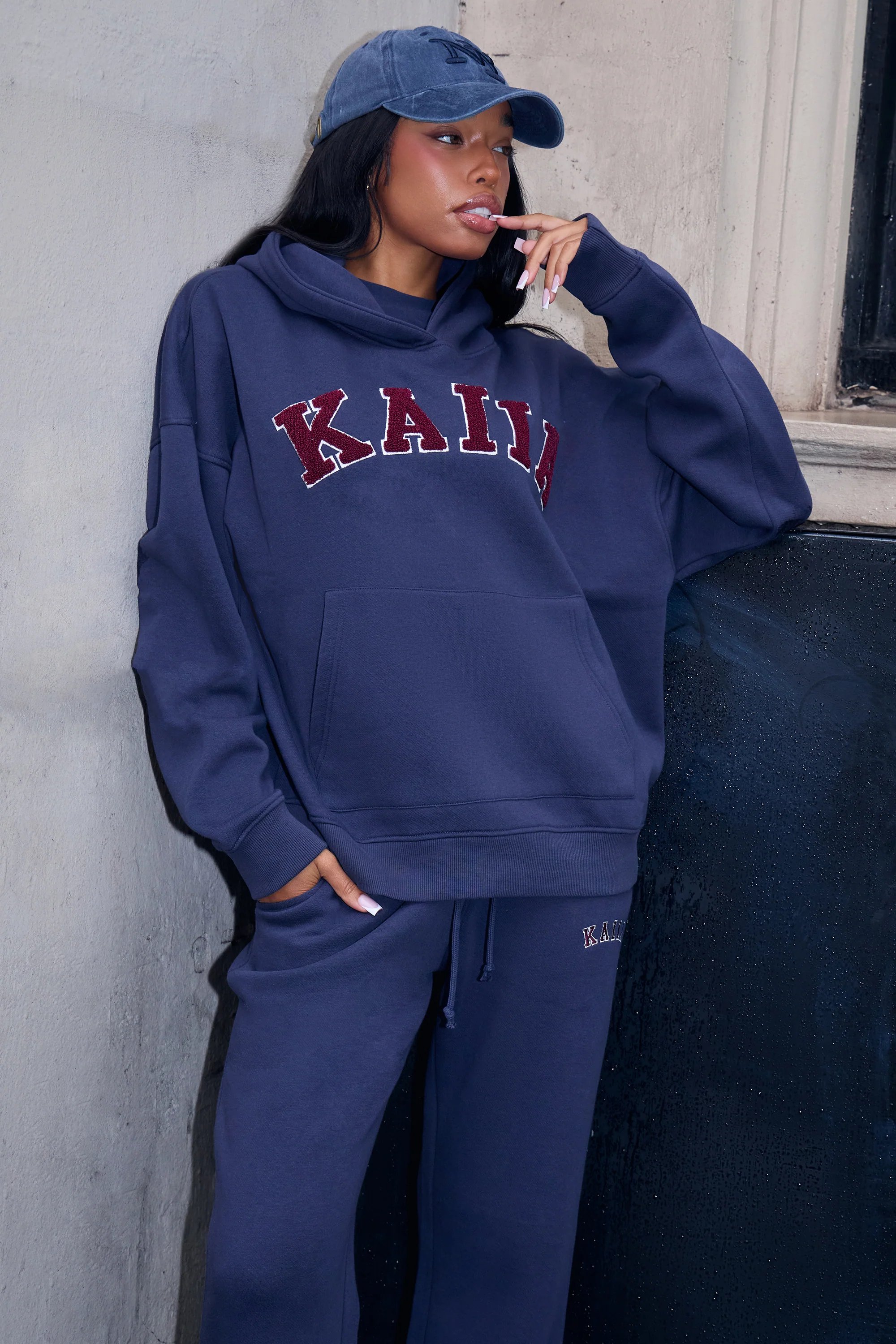 Kaiia Kaiia Borg Slogan Oversized Hoodie Navy & Burgundy - 1